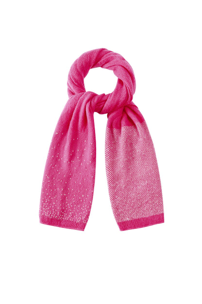 Vibrant pink knit colorblock scarf with sparkling fiber accents, looped display on white background