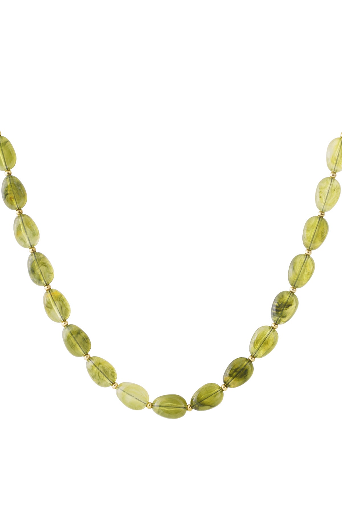 Olive green acrylic beaded necklace with gold spacer beads arranged against white background