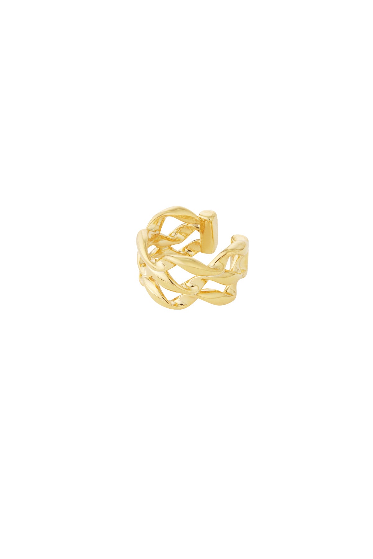 Close-up image of a shiny gold twisted chain ear cuff with an open adjustable design on a white background