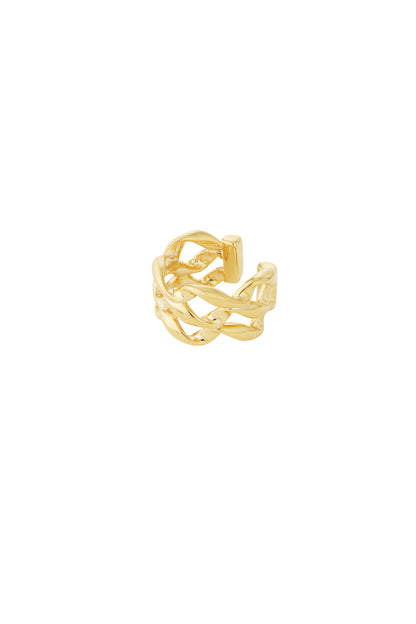 Close-up image of a shiny gold twisted chain ear cuff with an open adjustable design on a white background