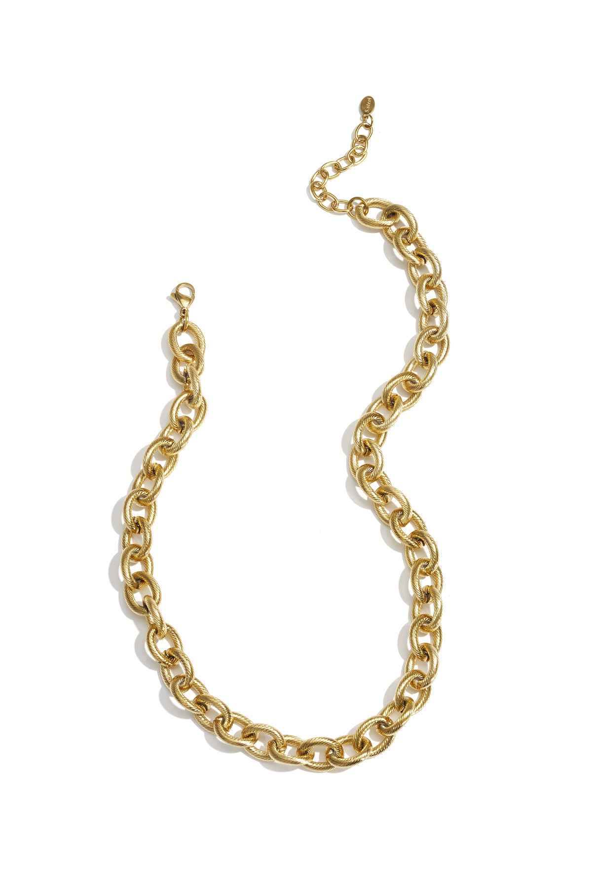 Close-up image of a gold chunky chain necklace with textured thick oval links and lobster clasp on white background