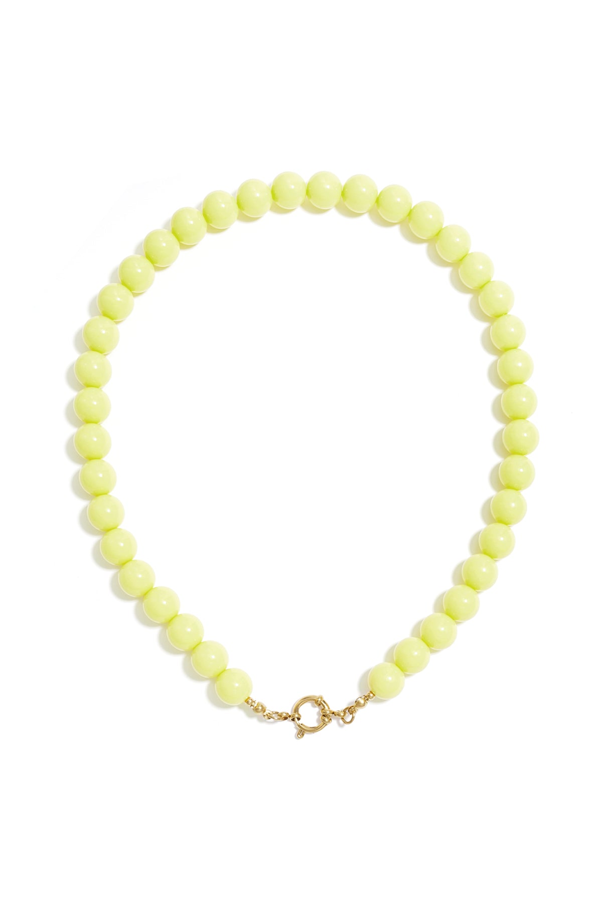 Neon lime green resin beaded necklace in a simple round design with a gold-tone clasp closure.