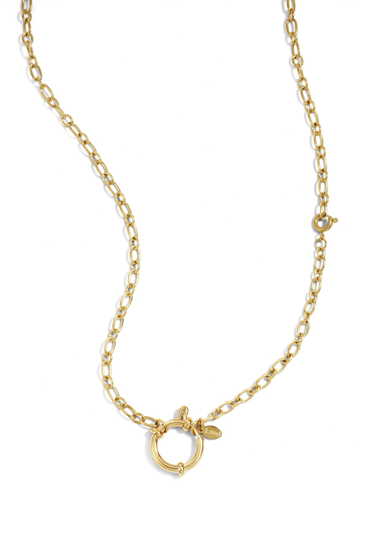 Gold-tone stainless steel chain necklace with toggle clasp and small engraved charm on white background