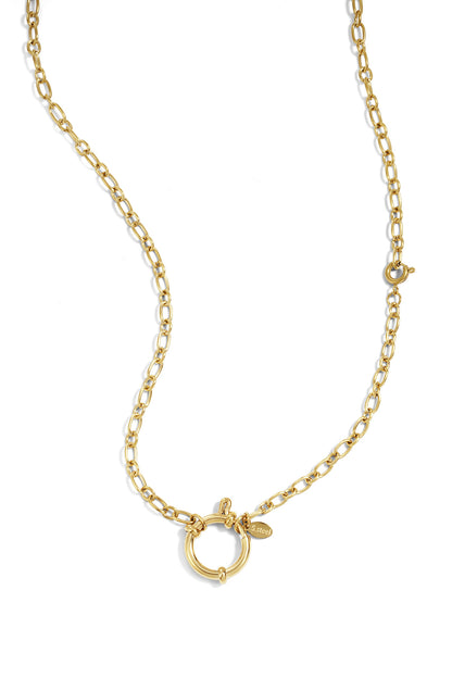 Gold-tone stainless steel chain necklace with toggle clasp and small engraved charm on white background
