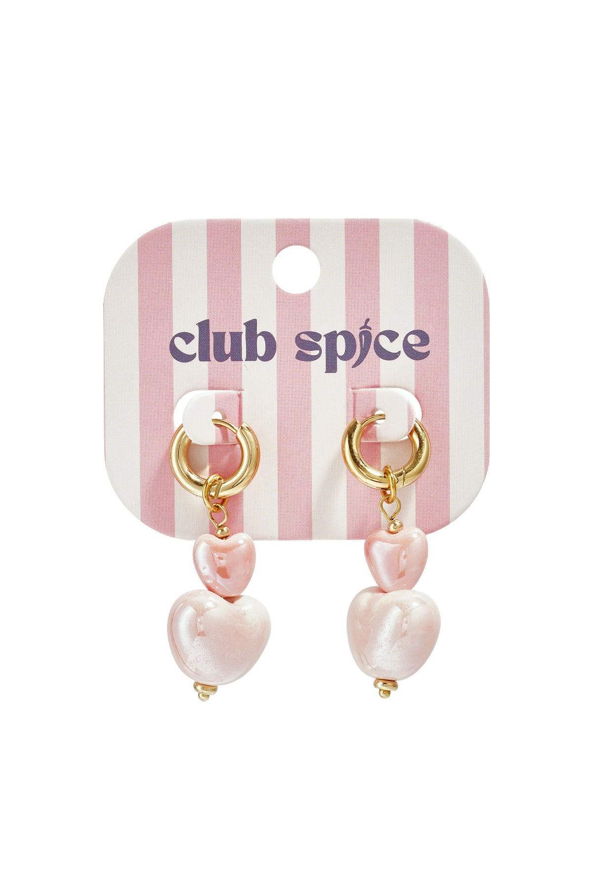 Pink and gold double heart drop earrings displayed on pink and white striped Club Spice branded card