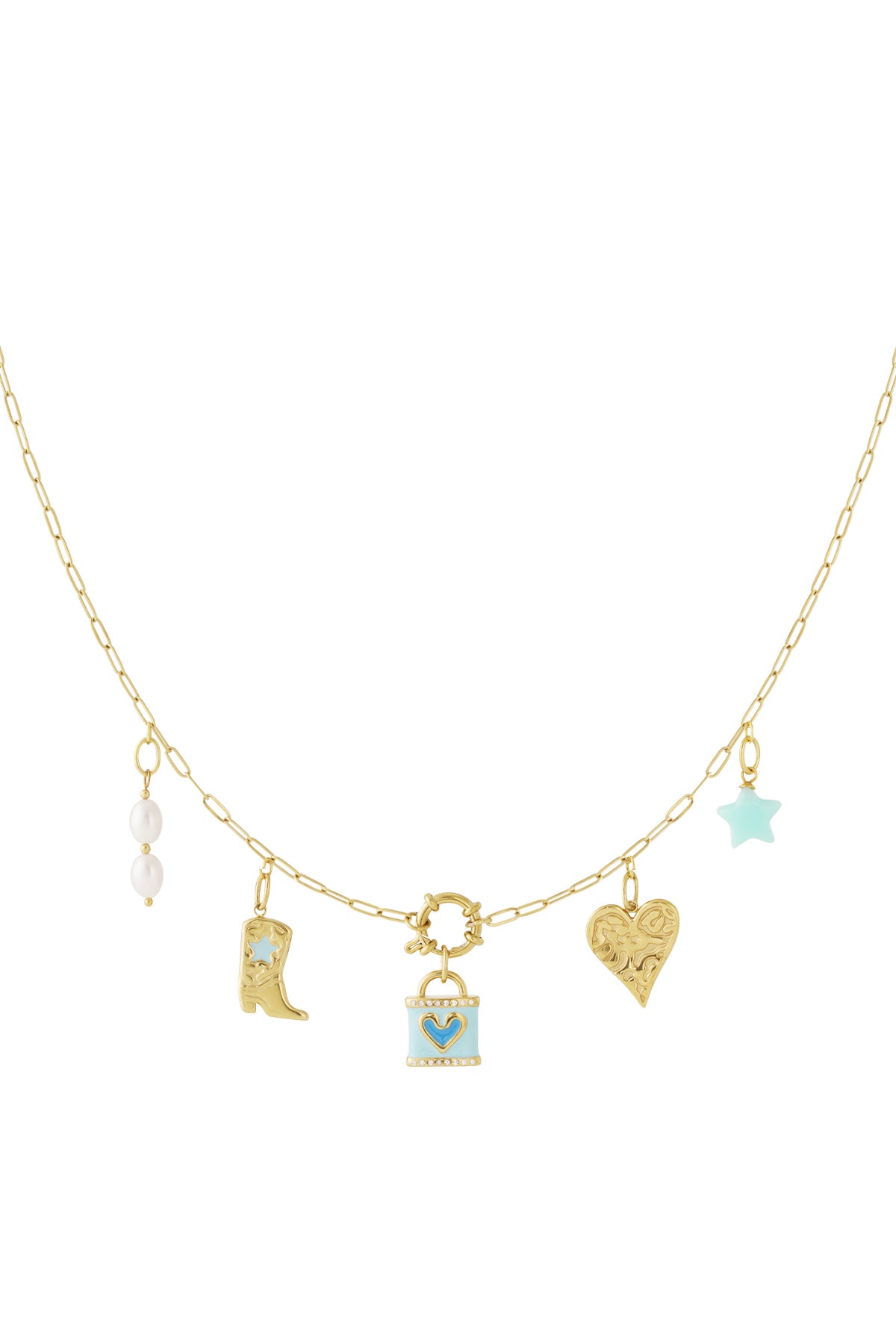 Front view of gold chain necklace with five charms displayed on a white background showing detailed design and enamel colors