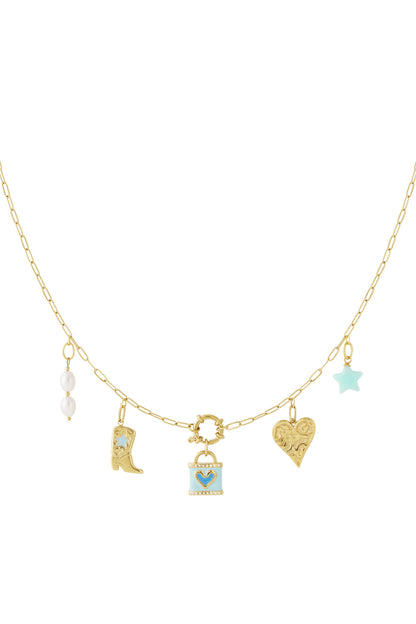 Front view of gold chain necklace with five charms displayed on a white background showing detailed design and enamel colors