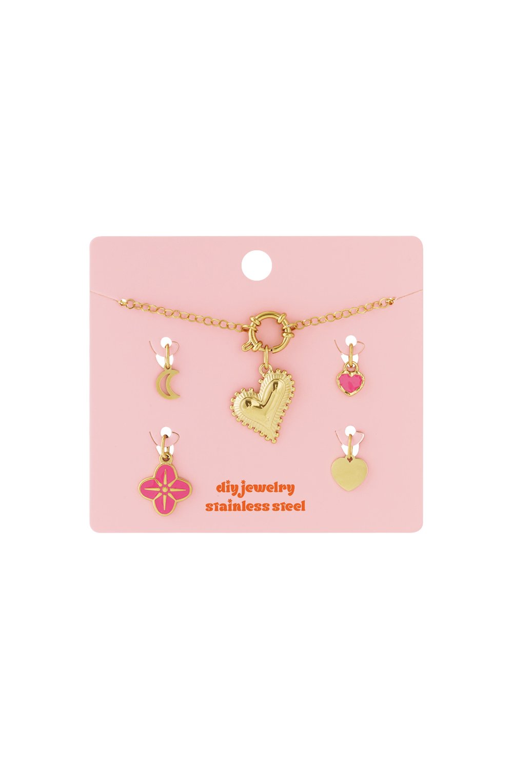 Golden Hour Mood: DIY stainless steel necklace kit with gold chain and various gold and pink heart/star charms.