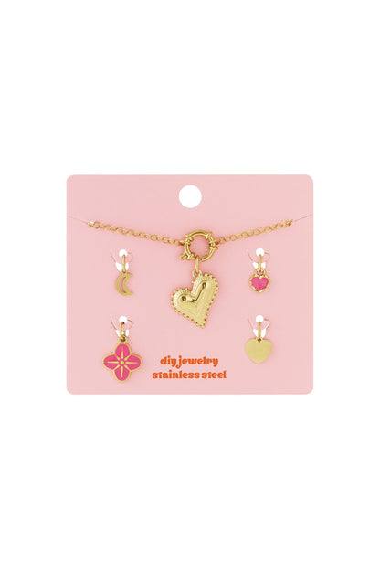 Golden Hour Mood: DIY stainless steel necklace kit with gold chain and various gold and pink heart/star charms.