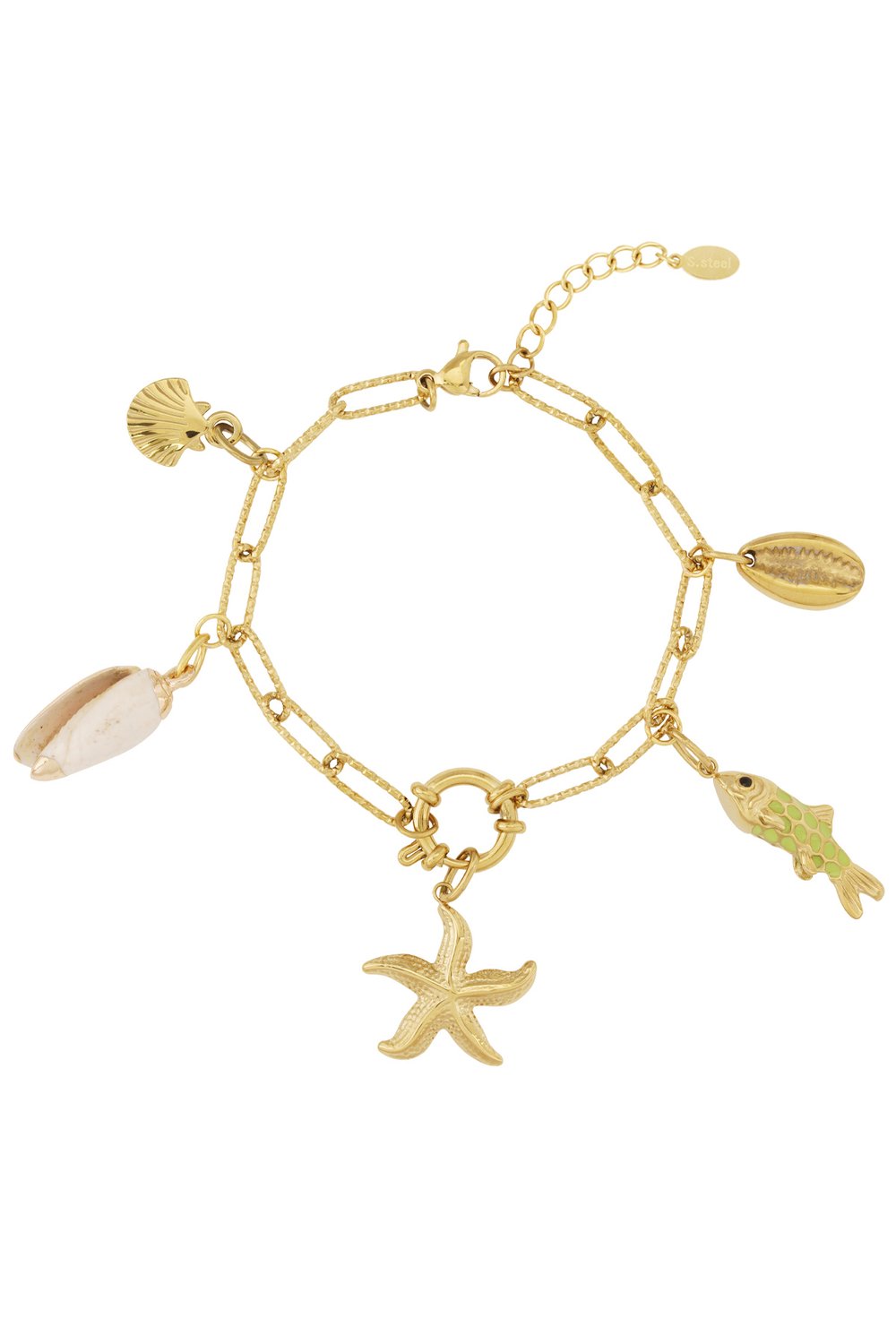 Gold chain bracelet with textured links featuring dangling ocean-themed charms: a starfish, shells, and a green fish.