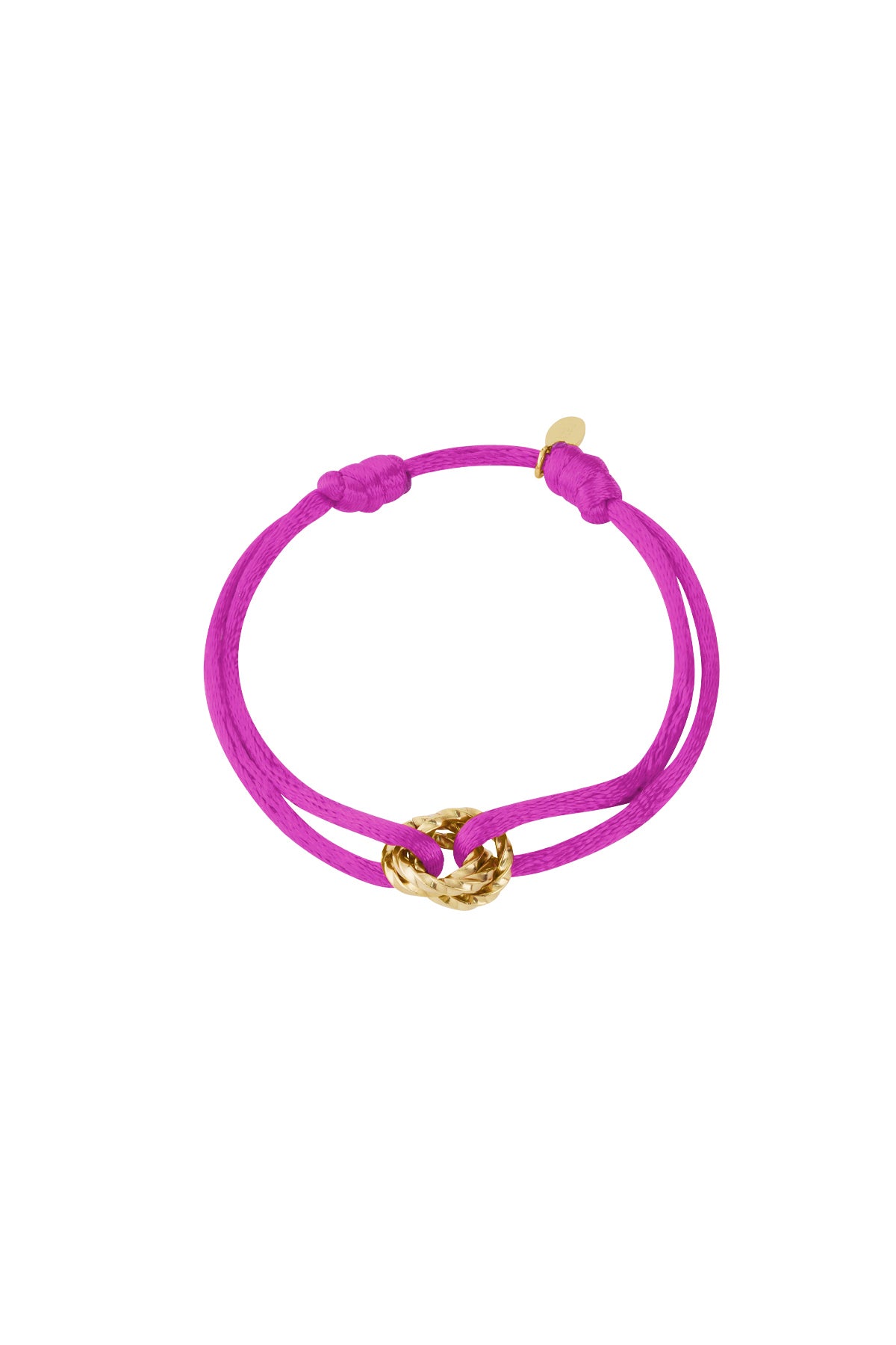 Fuchsia knot charm bracelet with gold-plated twisted knot pendant on white background