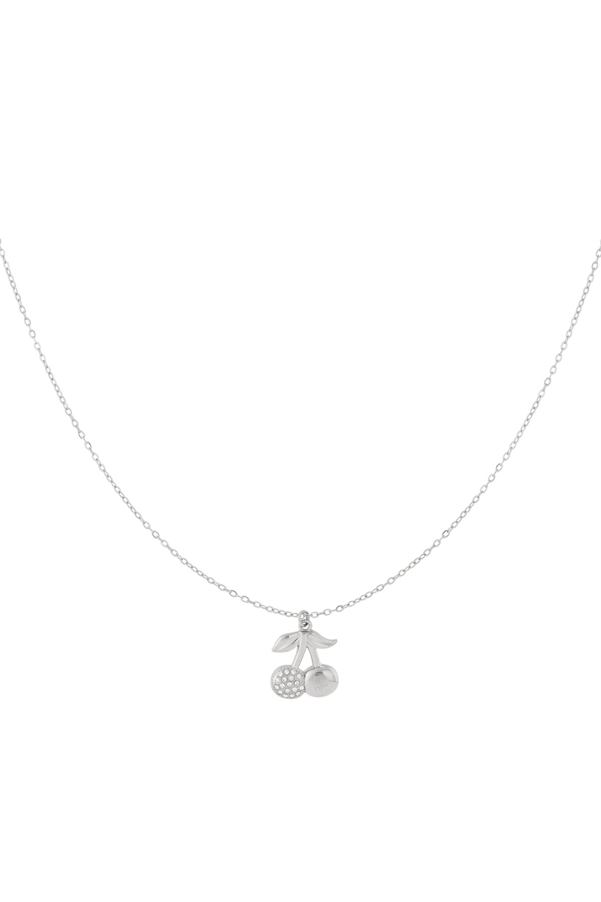 Silver cherry pendant necklace with one rhinestone cherry and one smooth cherry on a delicate silver chain against white background