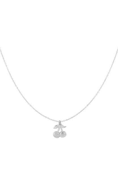 Silver cherry pendant necklace with one rhinestone cherry and one smooth cherry on a delicate silver chain against white background