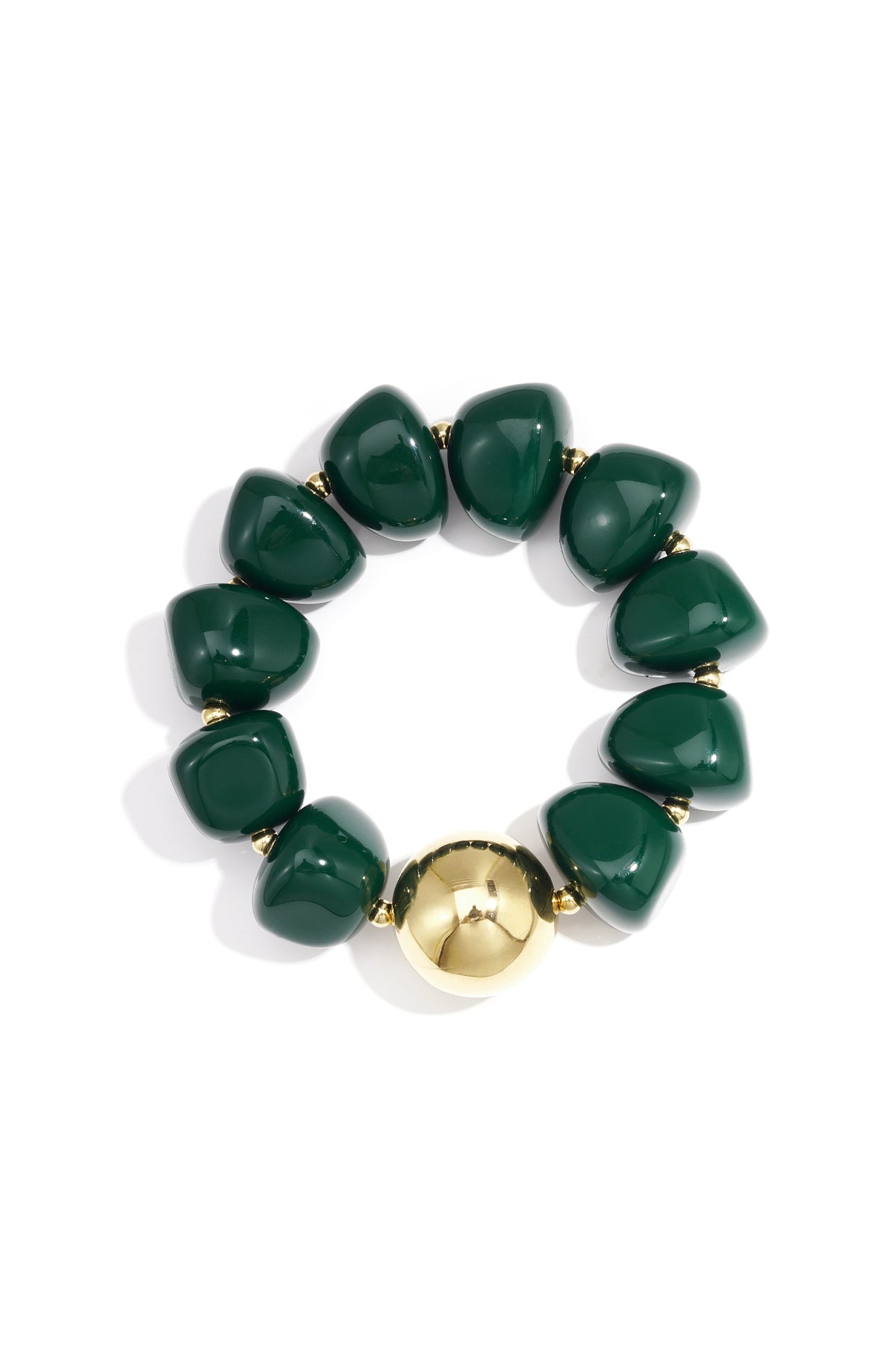 Close-up of chunky green acrylic beaded bracelet with gold accent bead