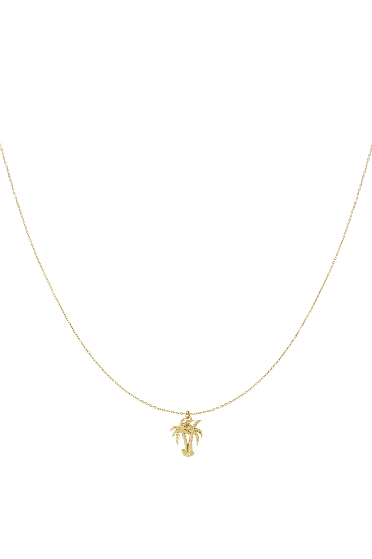 Gold pendant necklace with a detailed palm tree charm on a delicate chain against a white background