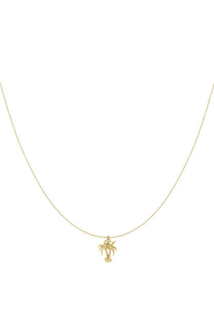Gold pendant necklace with a detailed palm tree charm on a delicate chain against a white background