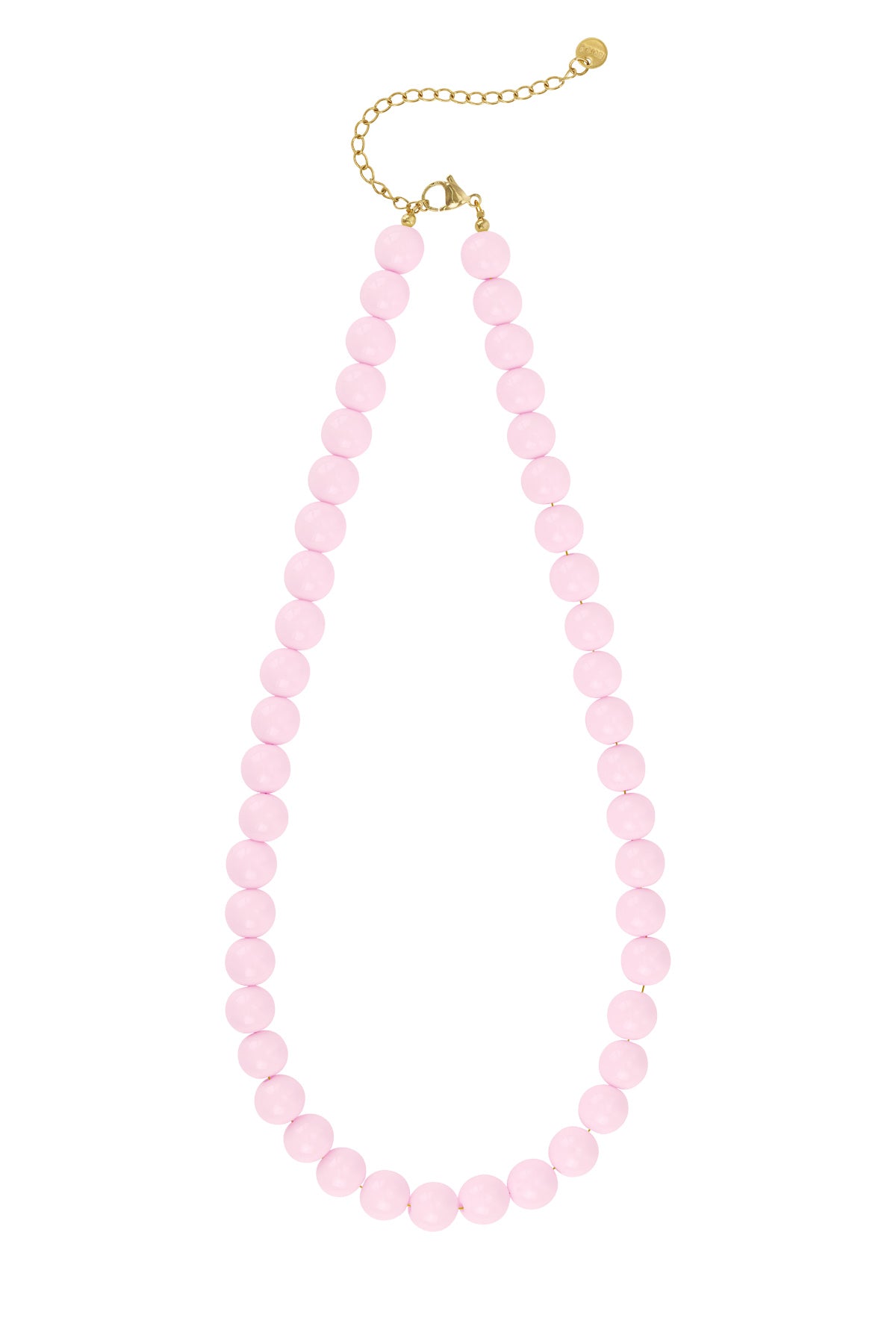 Coral pink resin beaded necklace with gold clasp and lobster clasp on white background