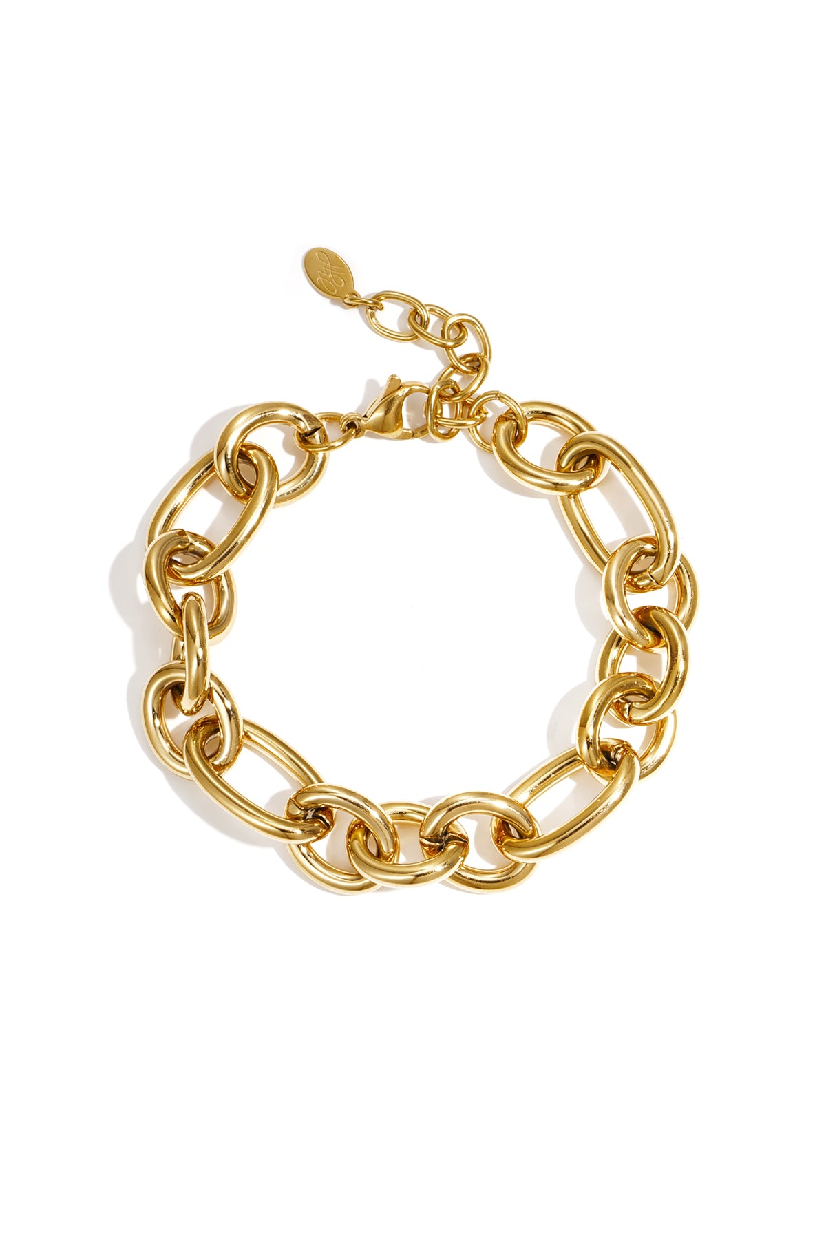 Gold chunky chain bracelet with large oval links and lobster clasp on white background