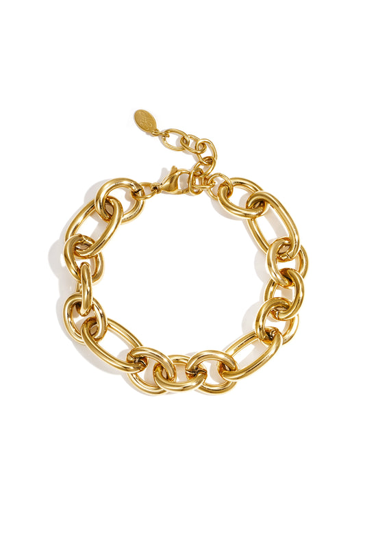 Gold chunky chain bracelet with large oval links and lobster clasp on white background