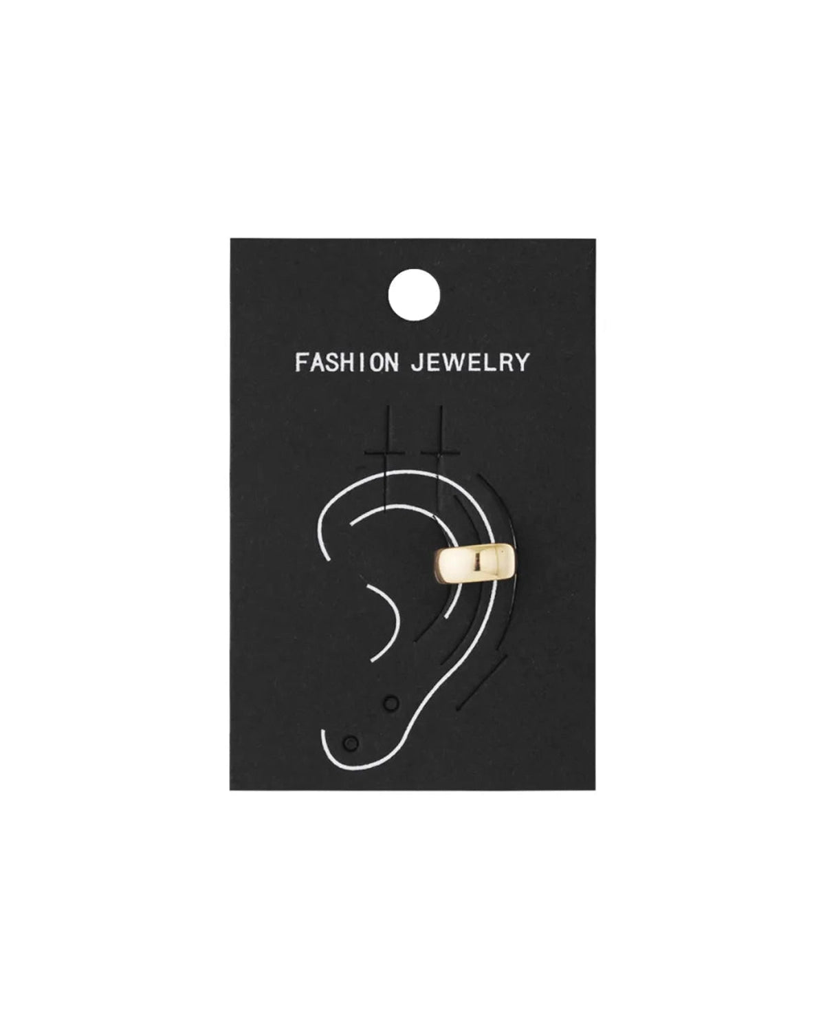 Chic irregular gold-colored ear cuff displayed on a black card with an ear diagram.