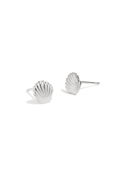 Close-up of silver shell motif stud earrings on white background