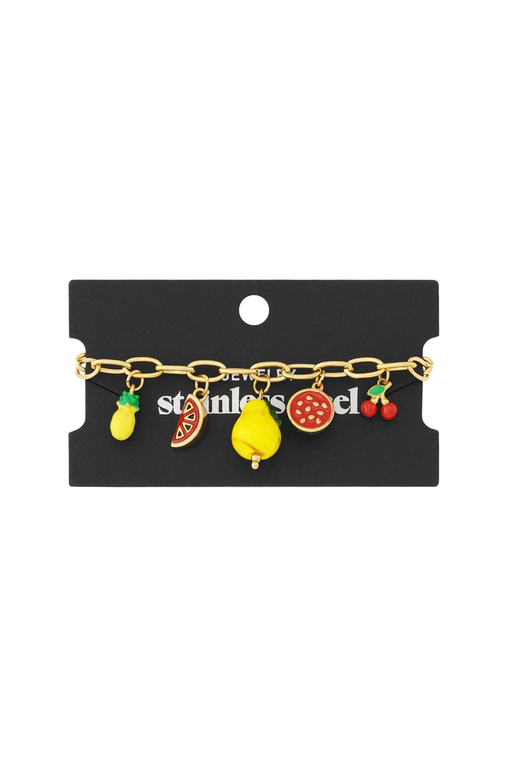 Gold-tone chain charm bracelet featuring colorful, whimsical enamel fruit charms like pineapple, melon, and cherries.