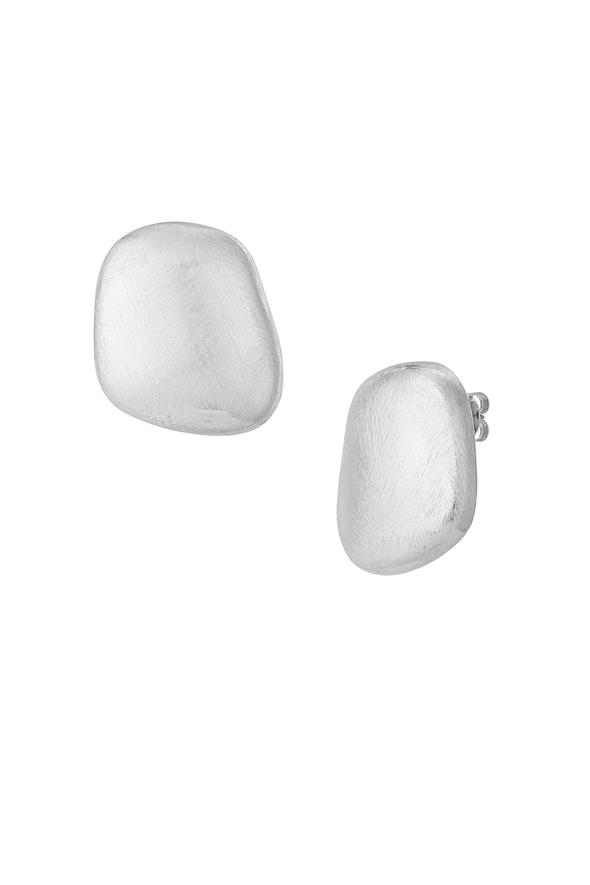 Pair of organic pebble-shaped stud earrings in brushed silver finish on white background