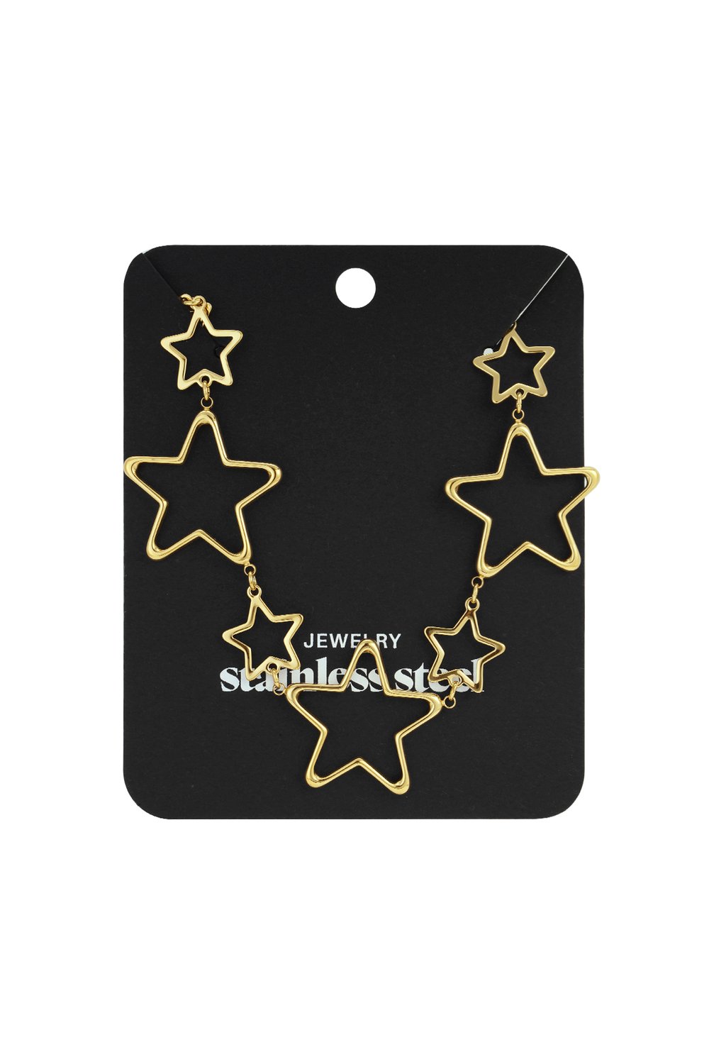 Gold-tone stainless steel necklace featuring multiple open-work star charms of varying sizes on a black display card.