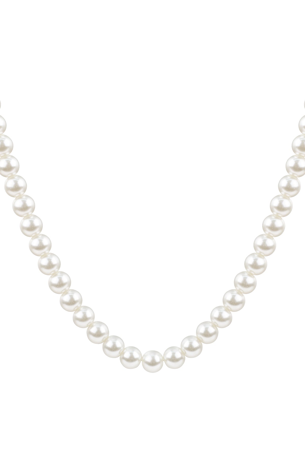 Close-up image of a classic pearl beaded necklace with round creamy white imitation pearls on a white background