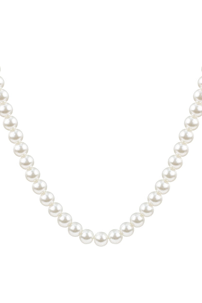 Close-up image of a classic pearl beaded necklace with round creamy white imitation pearls on a white background