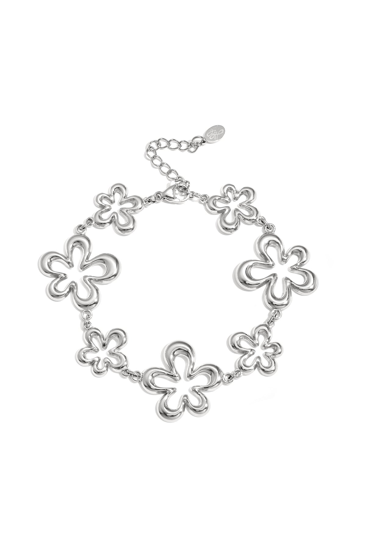 Silver-tone charm bracelet with multiple open flower charms linked by chain against white background