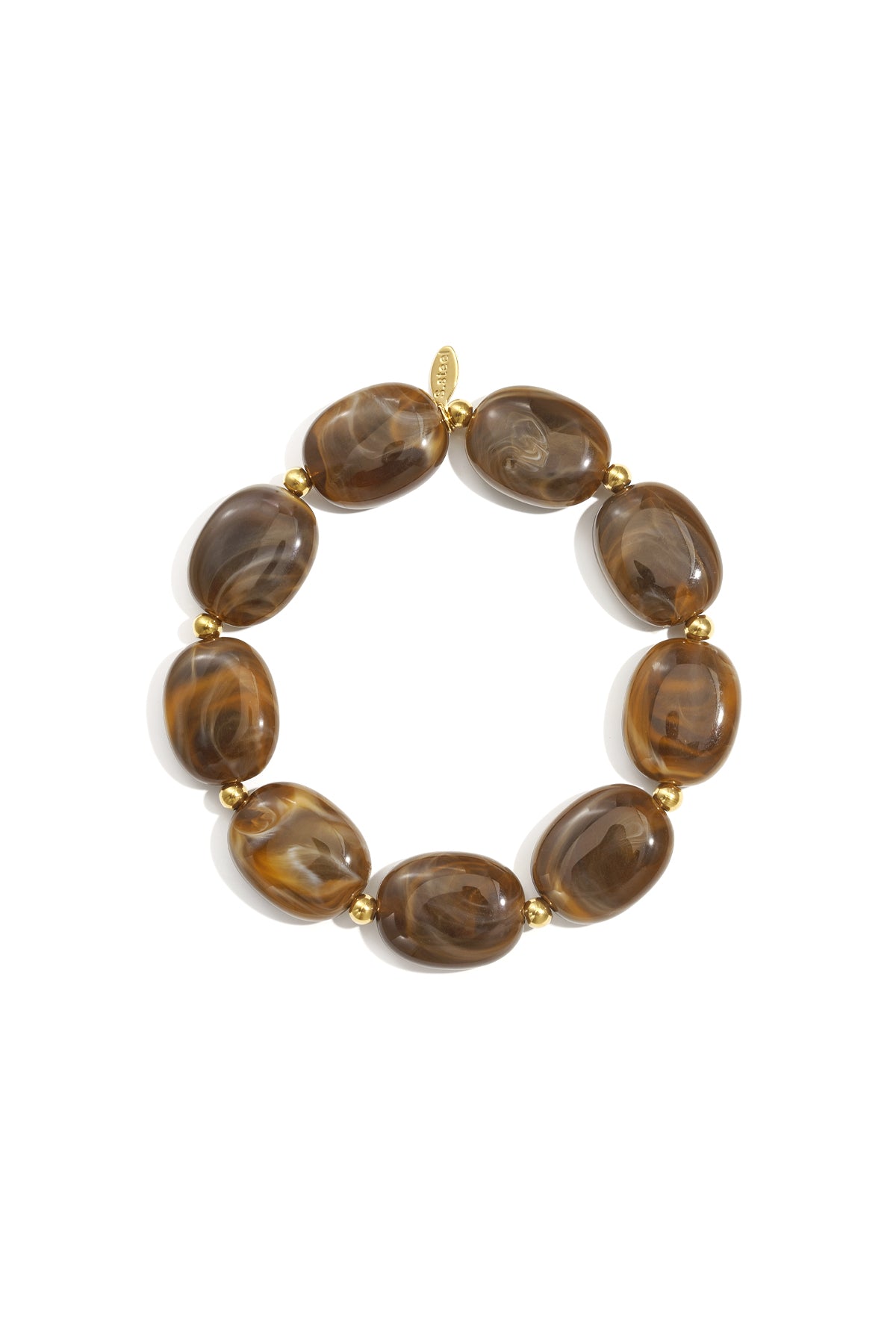 Close-up of a coffee brown swirled acrylic beaded bracelet with gold spacers on white background