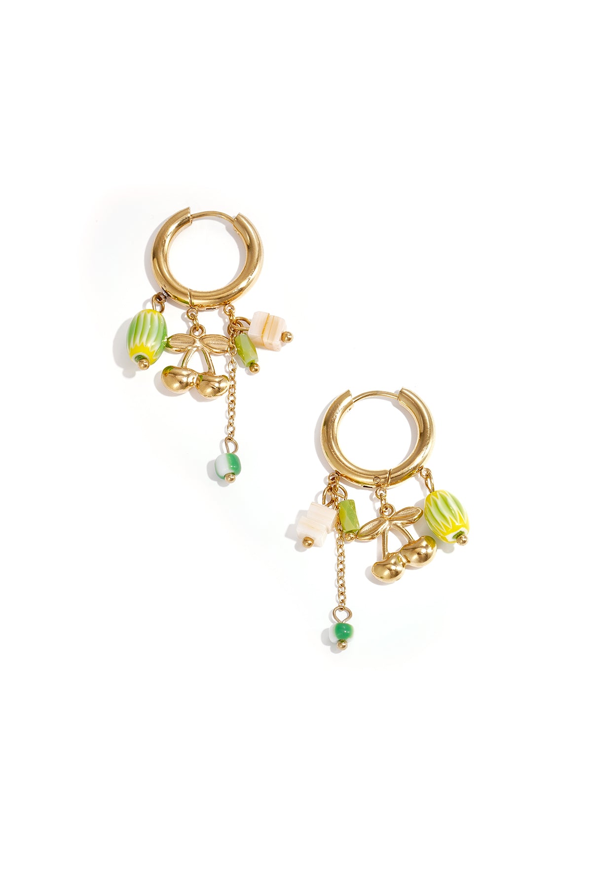 Gold hoop earrings with dangling green and cream beads, cherry charm, and chain detail on white background