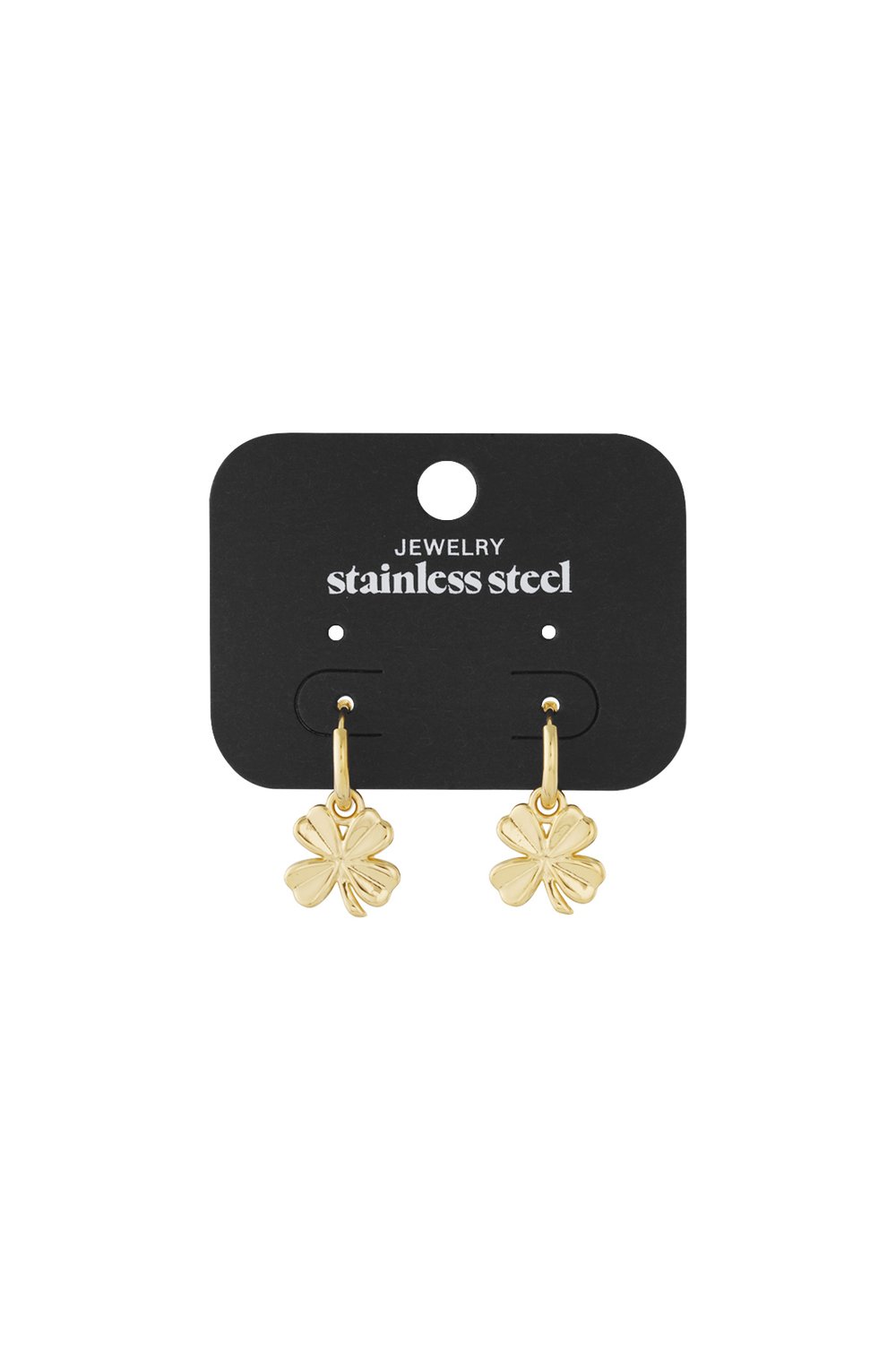 Gold-tone stainless steel hoop earrings featuring dangling four-leaf clover charms on a black display card.