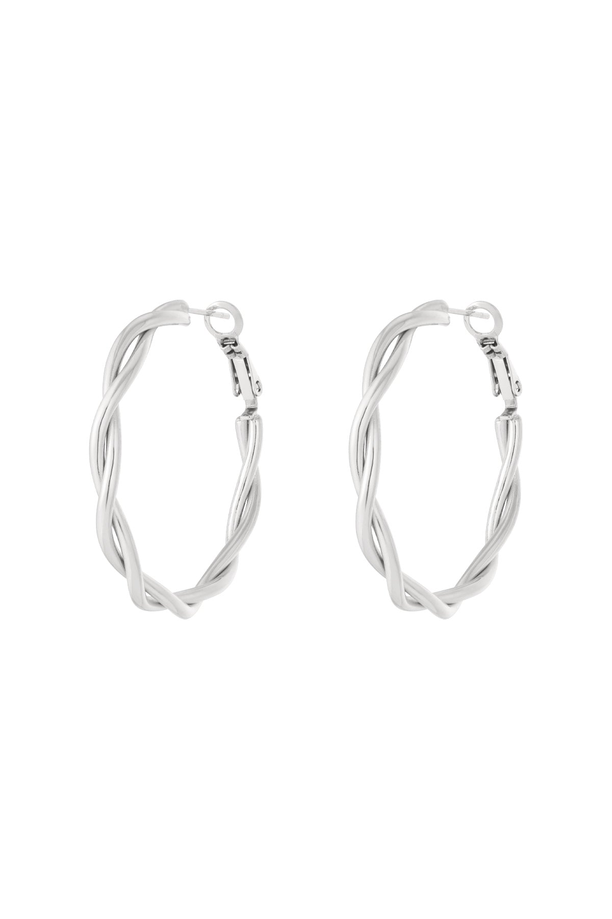 Pair of gold twisted oval hoop earrings, front view on white background