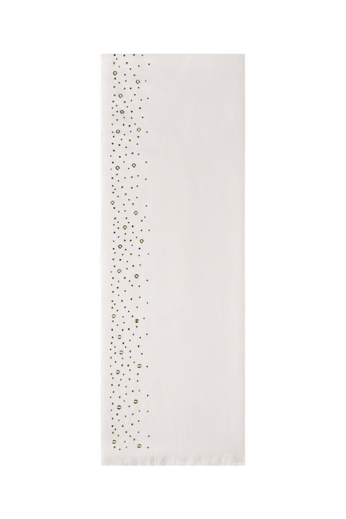 White winter scarf with gold stud detailing along one edge displayed flat