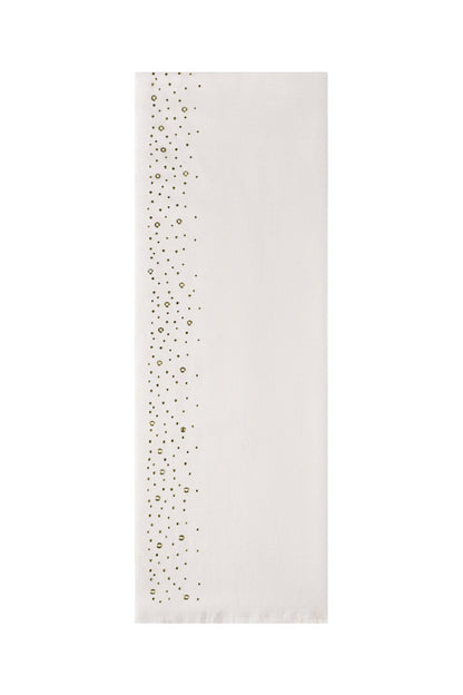 White winter scarf with gold stud detailing along one edge displayed flat