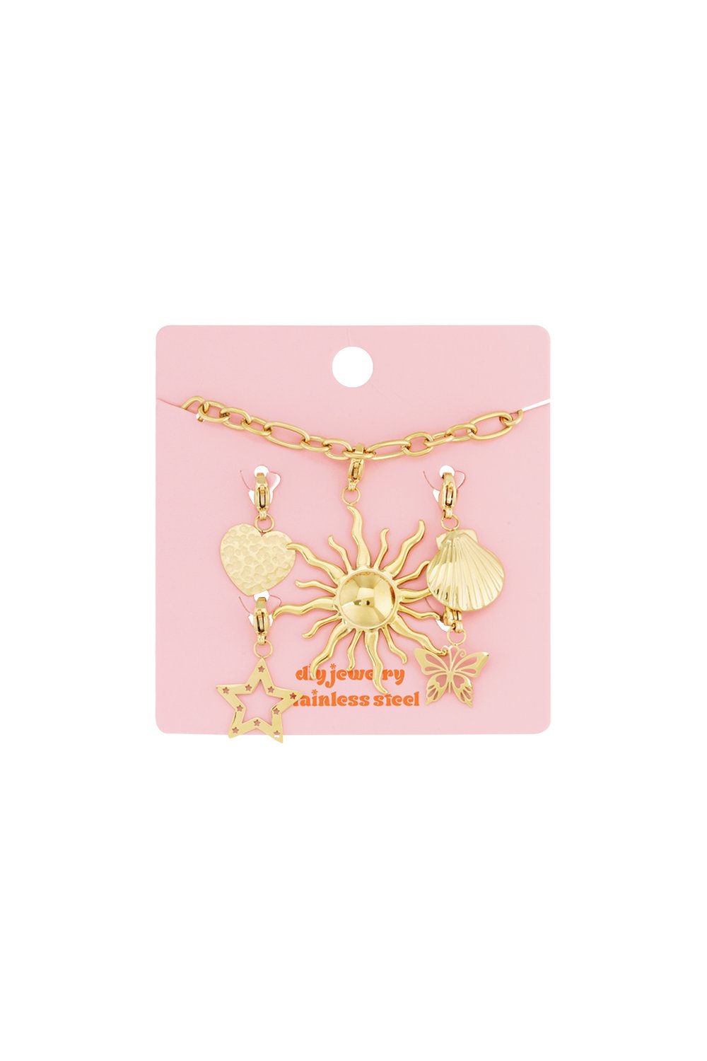 Gold stainless steel charm bracelet featuring sun, star, heart, shell, and butterfly pendants on a pink display card.