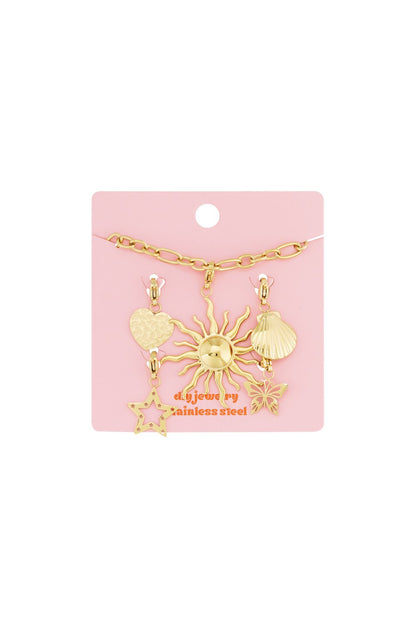 Gold stainless steel charm bracelet featuring sun, star, heart, shell, and butterfly pendants on a pink display card.