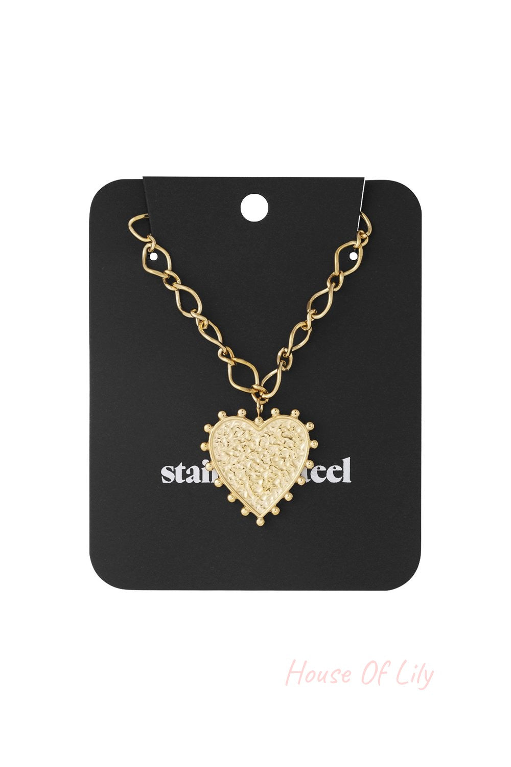 Gold heart necklace with a textured pendant on a linked chain, displayed on a black stainless steel backing card.
