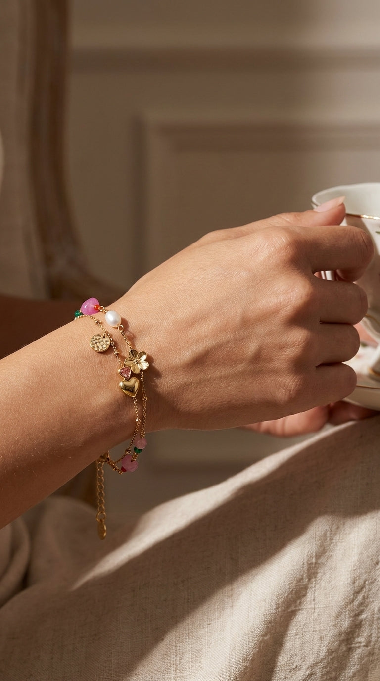 Gold-toned charm bracelet stack with colorful gemstone beads, pearl, and floral and heart-shaped charms on a wrist.