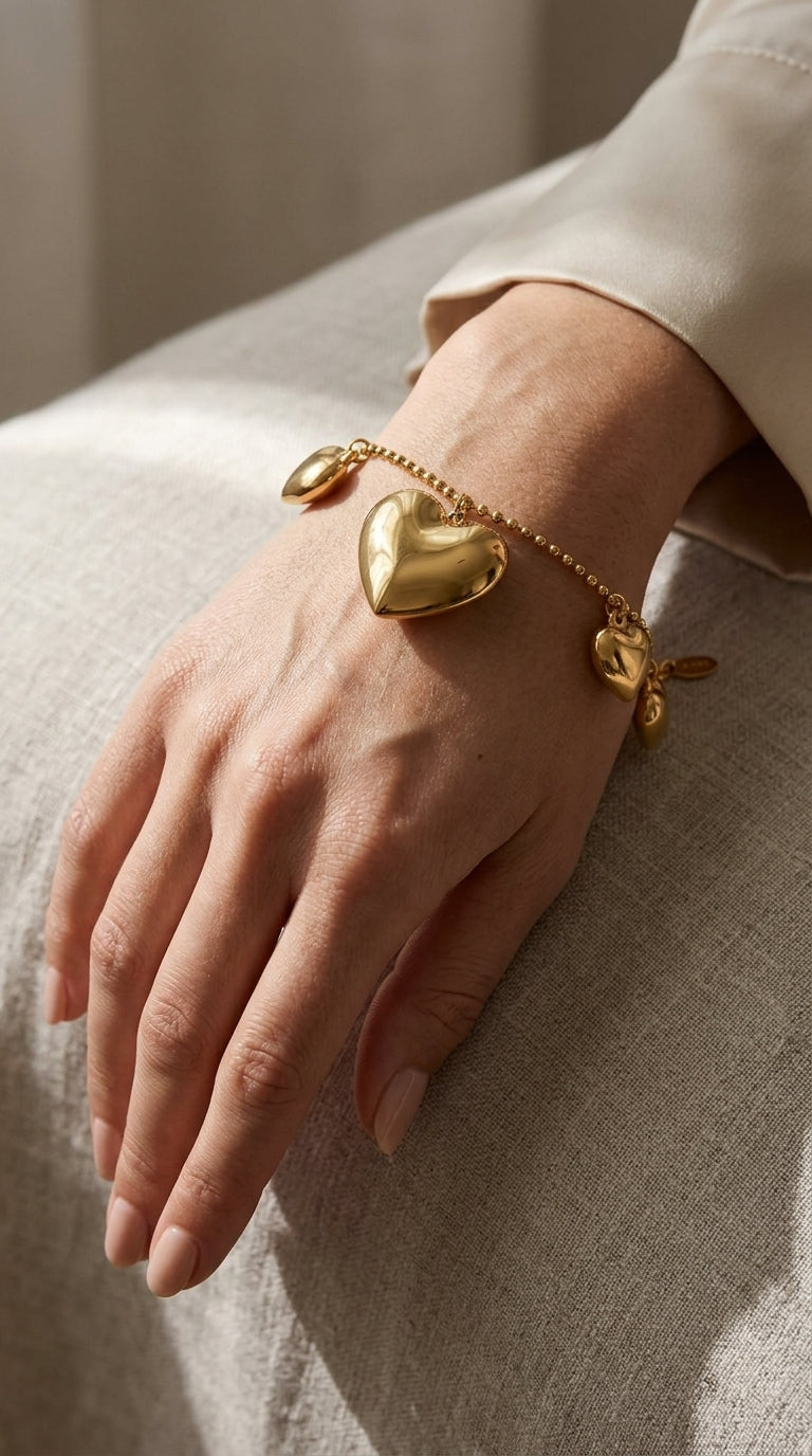 Gold-toned charm bracelet with polished, puffed heart charms on a delicate ball chain, worn on a wrist.