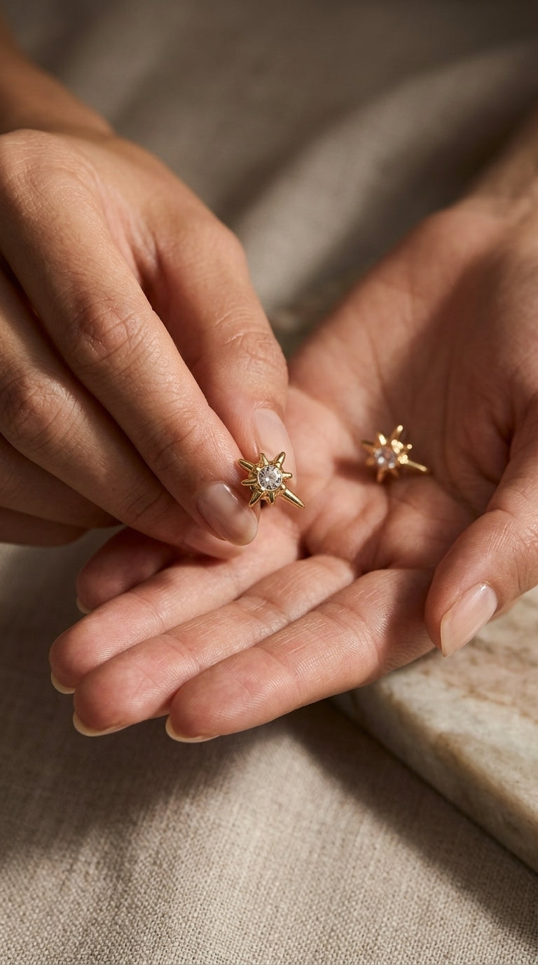 Gold-tone starburst stud earrings featuring a central sparkling crystal held in open palms.