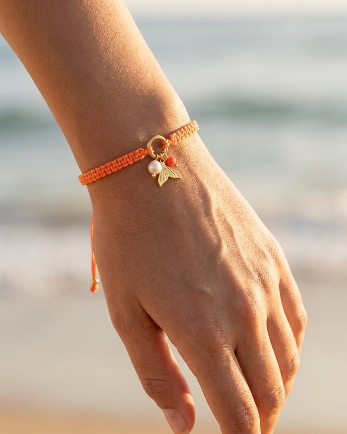 Bright orange woven cord bracelet with gold mermaid tail charm, pearl, and coral bead, worn on beach.
