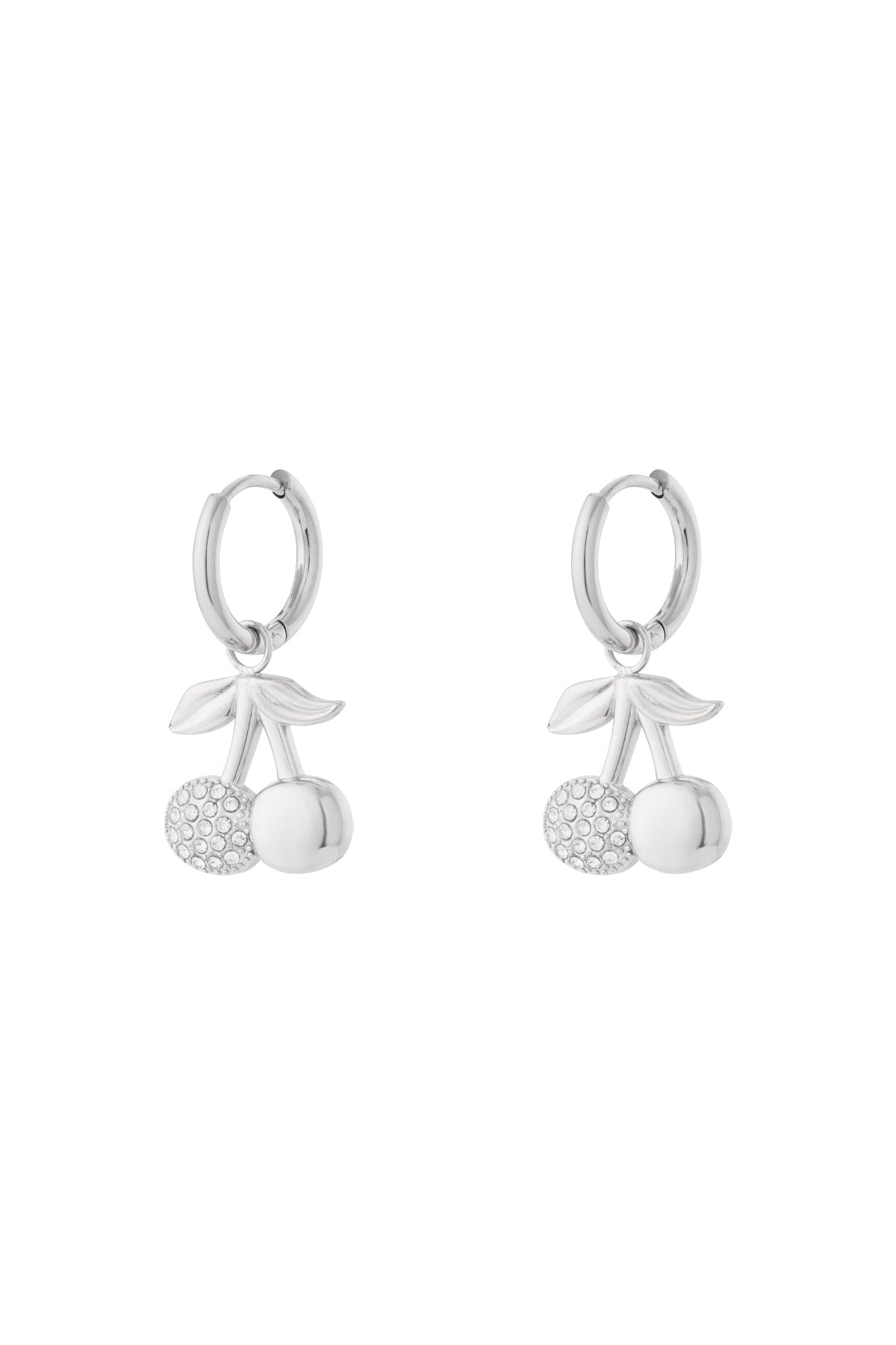 Pair of silver cherry drop earrings with rhinestone accents dangling from hoop earrings on white background