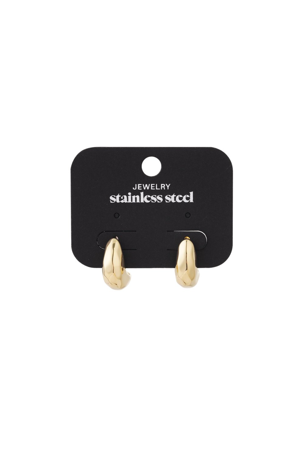 Lunar Glitch gold stainless steel small hoop earrings with a textured, organic melted shape on a black display card.
