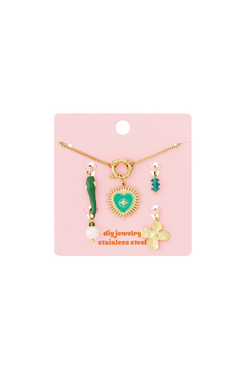 Gold-tone link bracelet kit on pink card with heart, flower, pearl, and crystal charms, stainless steel.