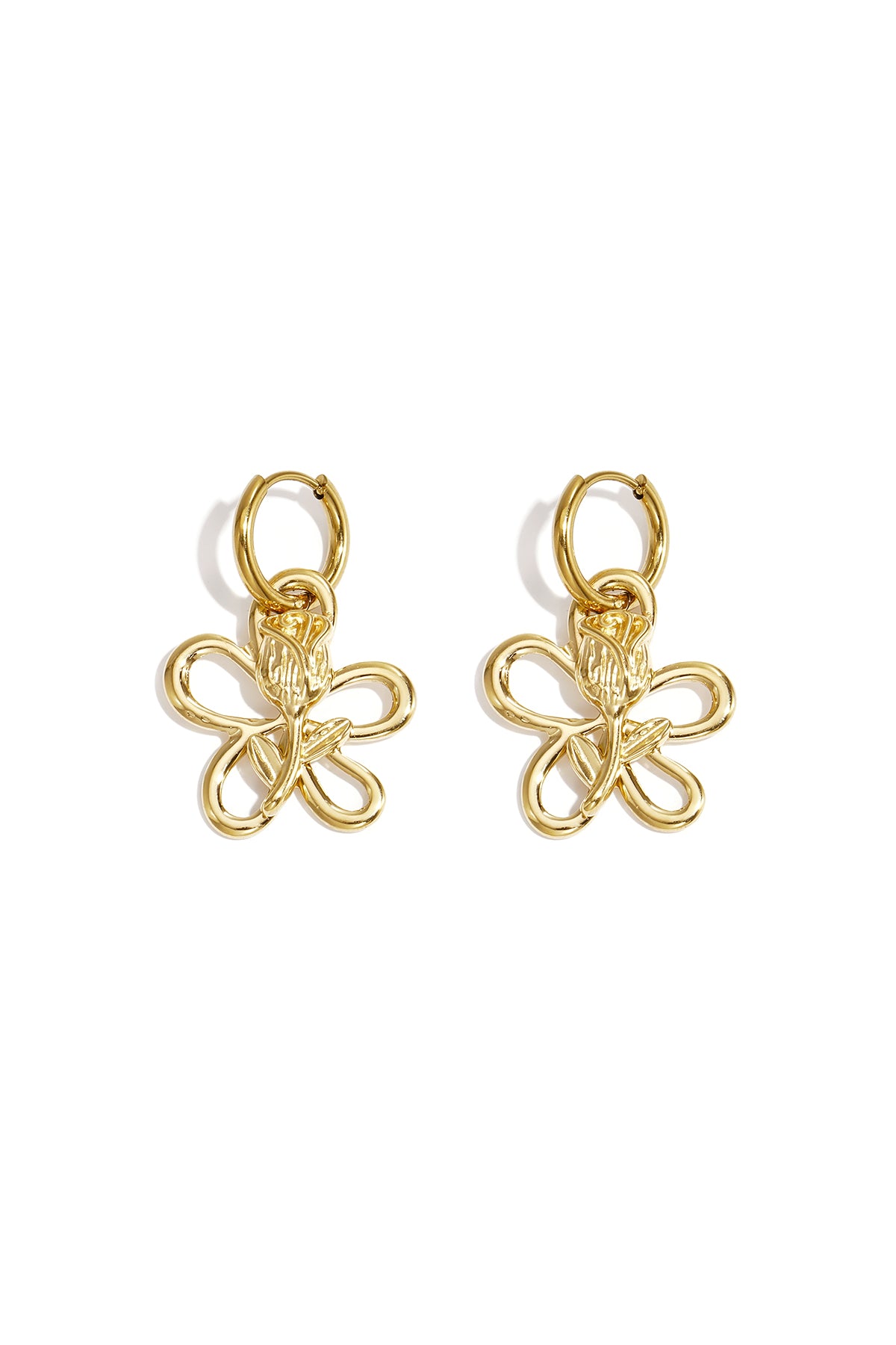 Pair of polished gold-tone drop earrings featuring a minimal flower outline with a rose motif in the center against white background