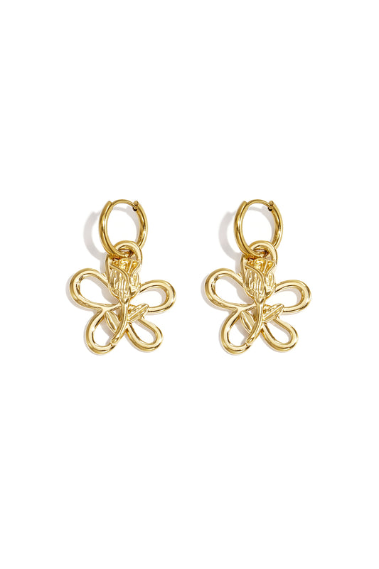 Pair of polished gold-tone drop earrings featuring a minimal flower outline with a rose motif in the center against white background