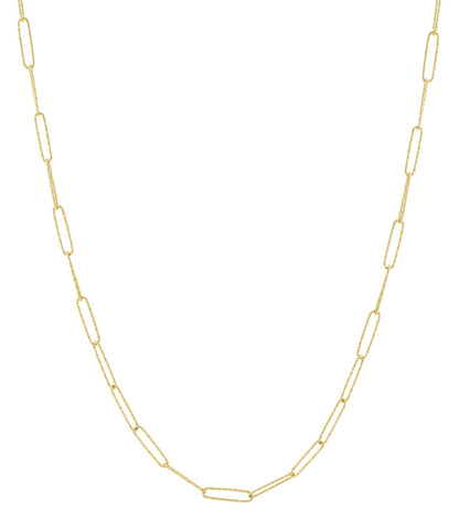Gold elongated link chain necklace laid flat on white background